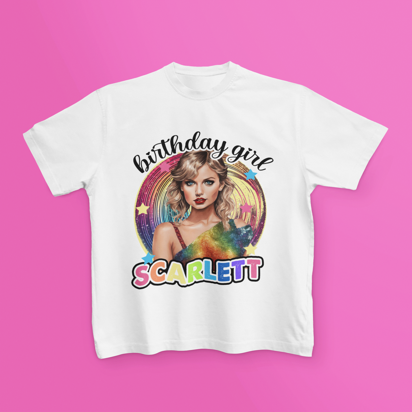 Personalised Little Swiftie T Shirt Rainbow Birthday Girl